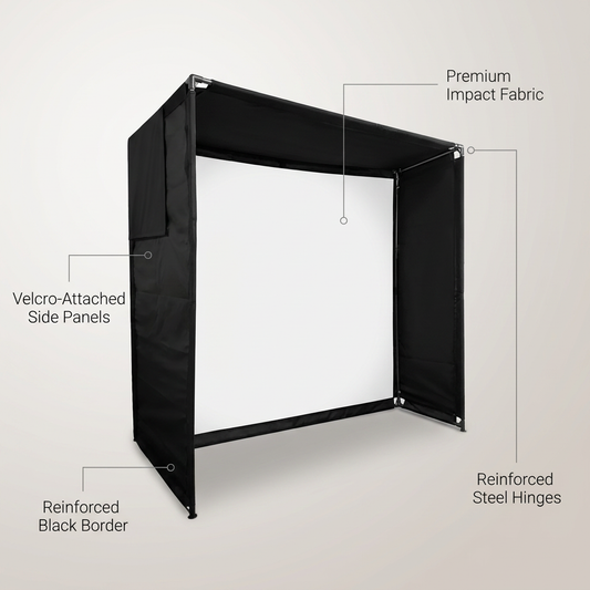 DIY Golf Simulator Impact Screen Frame Enclosure Kit Set, Use with Simulators, Durable Fabric with Velcro, Reinforced Black Border, 9.8'X9.8'X4.9' — Lifestyle